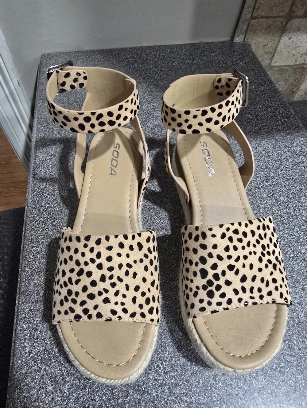 SODA Leopard Print Espadrille Platform Strap Sandals - Beige/Black